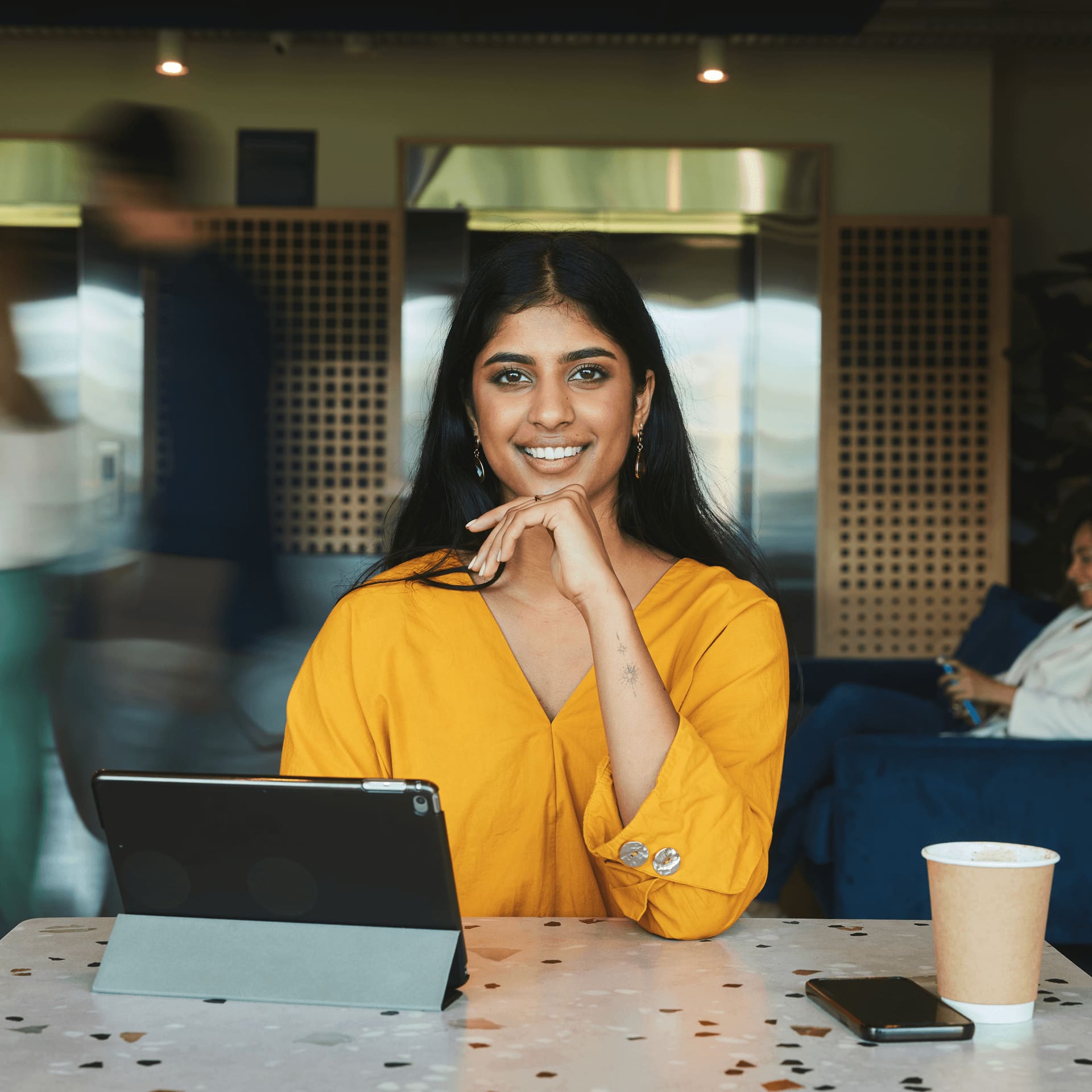Student working remotely in a modern setting